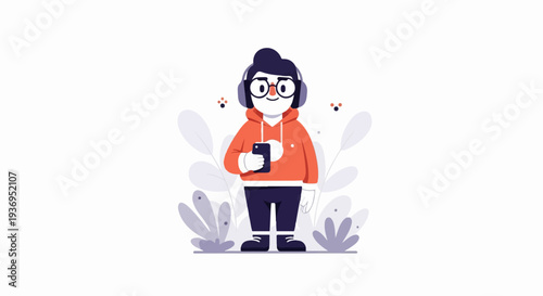 Cheerful person with headphones and phone, surrounded by stylized foliage