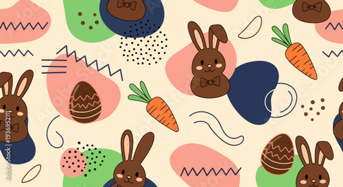 Decorative Easter Rabbit Pattern: Abstract Geometric Texture with Chocolate Eggs and Carrots