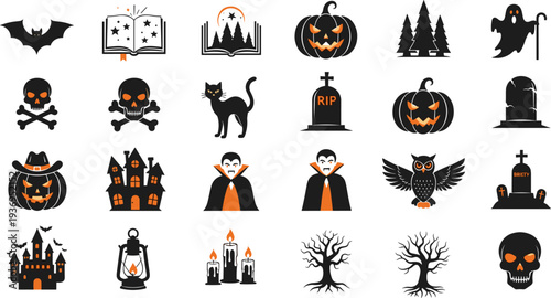 Halloween icon set with spooky pumpkins, ghosts, vampires, skulls, black cats, haunted houses, and bats in orange and black vector style.