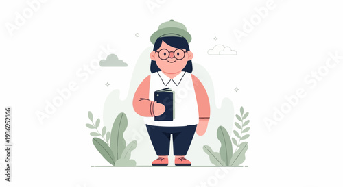 A cheerful person wearing a hat and glasses, holding a book amidst greenery and clouds