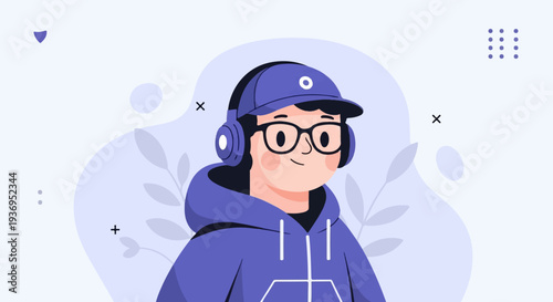 Cheerful character with headphones and cap, in a playful, minimalist graphic style