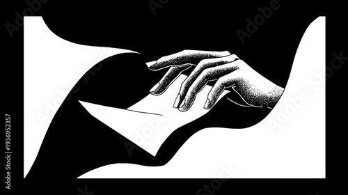 A grayscale illustration of a hand reaching for a piece of paper against a black backdrop