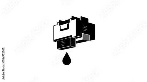 A technical illustration of a printer's ink cartridge and a stylized ink drop