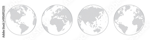 A set of four different dotted earth globes centered of different locations. Half tone Textured effect. Isolated on white background. Planet earth, abstract round map.