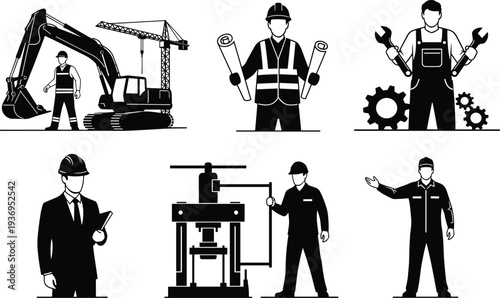 Industrial construction workers, heavy machinery, project managers, remote office productivity, artificial intelligence, task management, digital nomad silhouettes, and professional business icons.