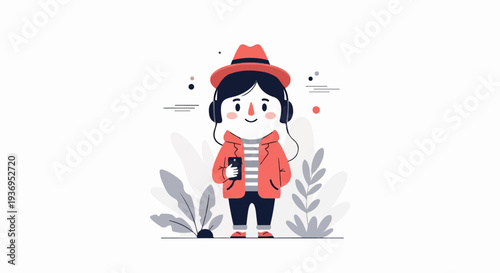 Cute cartoon character with headphones, holding a phone and wearing a hat, amidst stylized plants