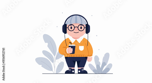 A stylized person with headphones and a drink stands amidst abstract plants