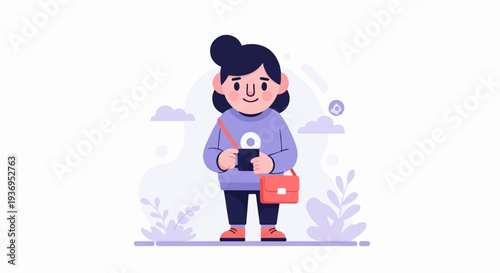 A stylized person holding a device, adorned with a red satchel and casual wear