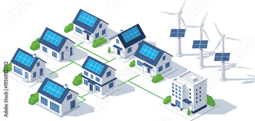 Isometric smart city with eco houses, solar panels on roofs, wind turbines, sustainable green energy neighborhood, renewable power grid, urban ecology