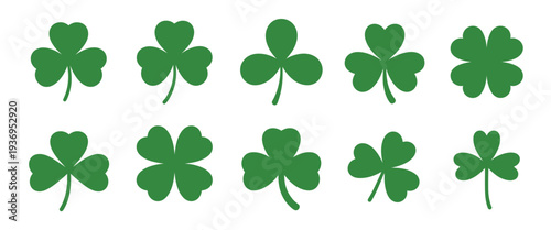 Nine Vibrant Green Clover Shamrocks, vector illustration set featuring classic 3-leaf and lucky 4-leaf styles, clean scalable icons for holidays, logos, apparel, invitations, and commercial printing 