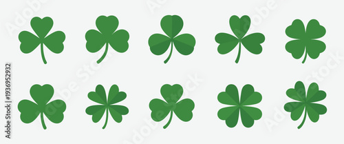 Nine Vibrant Green Clover Shamrocks, professional vector pack showing 3-leaf and 4-leaf clovers, isolated flat icons ideal for St. Patrick’s Day, holiday decorations, branding, merchandise, and stock 
