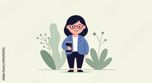 A woman in glasses and a blazer holding a book, amidst stylized plants