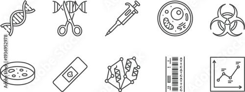Set of genetic engineering and biotechnology line icons for scientific research and medical applications