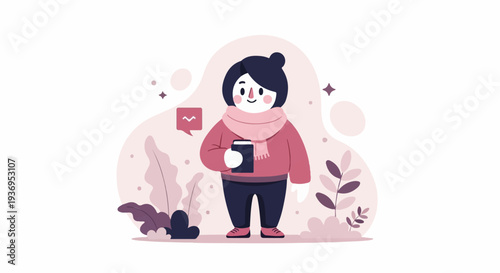 Cozy character bundled up in a scarf holds a book, surrounded by abstract shapes and plants