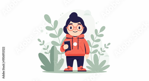 Cheerful young person in a red hoodie, glasses, and dark pants, holding a book, surrounded by stylized greenery