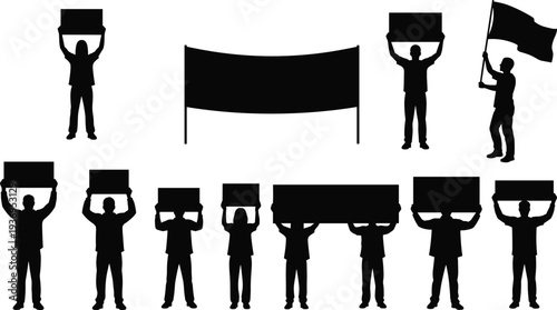 Protesters holding blank signs and banners, activists silhouette with placards and flag, demonstration and social movement collection, vector strike set.