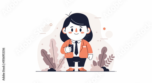 Cute character in business attire holding a smartphone amidst stylized foliage and abstract shapes
