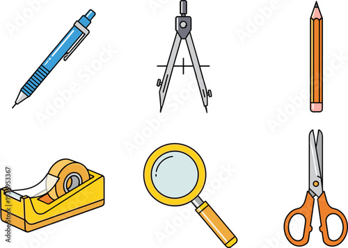 School and office stationery icon set, colorful vector illustrations of pen, pencil, compass, scissors, tape dispenser, and magnifying glass, back to school.