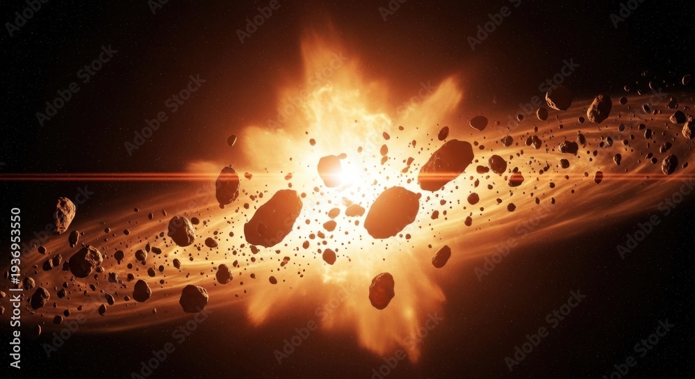 Fototapeta premium Space debris explosion with rocky shards radiating from a bright, central point