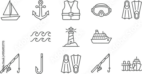 Nautical and marine themed icon set featuring a sailboat anchor life jacket and lighthouse.