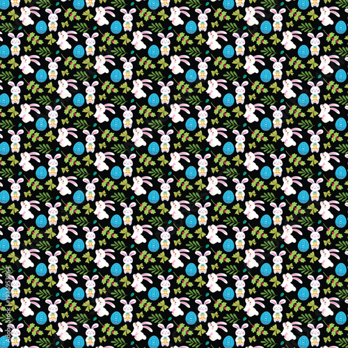 Seamless easter pattern with bunnies eggs and leaves on background