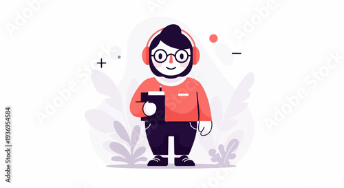 A stylized figure wearing headphones and glasses, holding a book and a pen