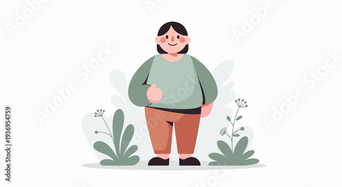 A plump, smiling person in a green shirt and brown pants stands amidst stylized plants