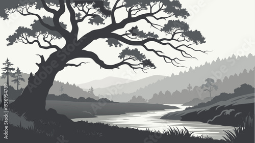 Serene Mountain Valley Landscape with Winding River and Large Tree Silhouette