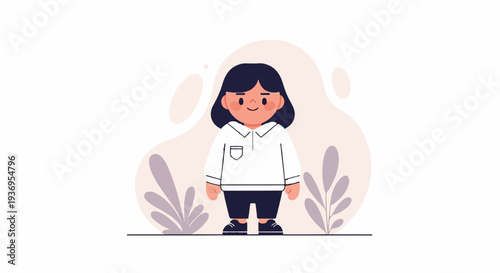 A cheerful, cartoon-style child with dark hair and rosy cheeks stands in a simple outfit