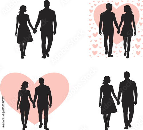 Set of romantic wedding silhouettes featuring brides, grooms, kissing couples with stars, families walking, and lovers holding hands for marriage designs.