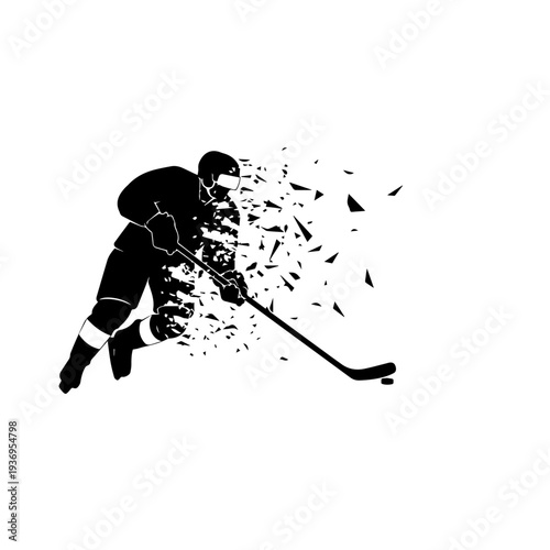 Ice hockey player in action silhouette - Minimalist athlete skating with hockey stick and puck.