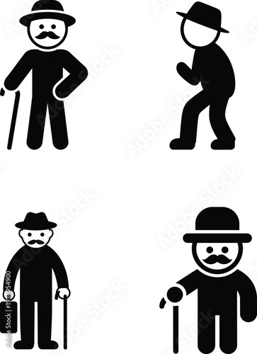 Collection of classic gentleman stick figure icons depicting various postures and accessories including walking canes and traditional formal headwear for vintage design concepts
