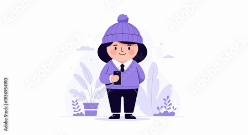 Young person in winter hat, holding phone, surrounded by plants