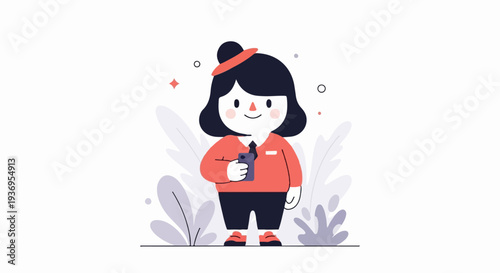 A cute, stylized person in a coral shirt and dark pants holds a phone