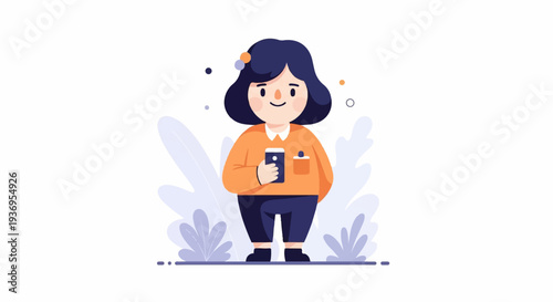Minimalist cartoon character holding a mobile phone amidst abstract foliage