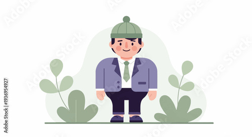 A stylized cartoon man in a green hat and suit stands between two green leafy plants