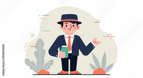 Cheerful cartoon man in a suit and hat holding a drink, gesturing