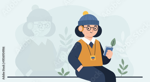 Cheerful person in winter hat with book and plant, ghosted background