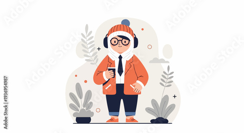 Person in winter attire with headphones and coffee, surrounded by abstract plants and shapes