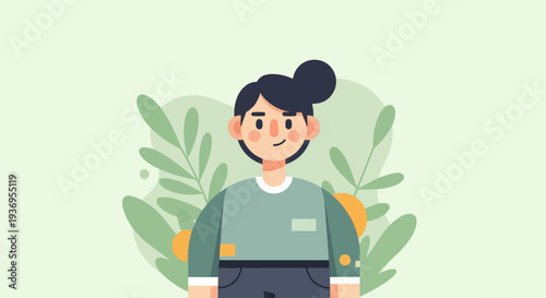 Flat illustration of a person with a bun, wearing a teal shirt and dark pants