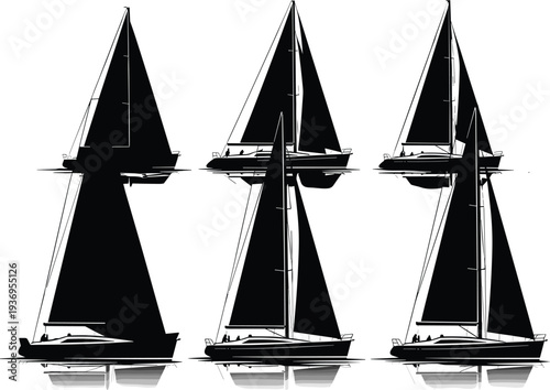 Set of sailboat silhouettes on water, luxury yacht icons, nautical vessel symbols, marine transportation graphics, sailing regatta ship vector illustrations.