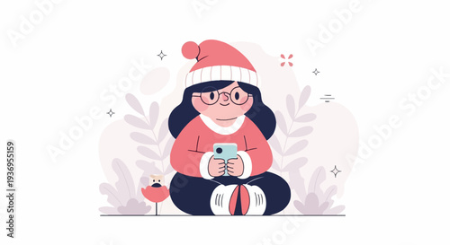 Festive character with glasses, wearing a holiday hat, uses a phone while seated amidst decorative foliage