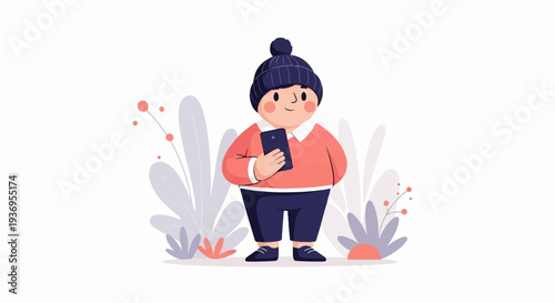 Chubby cartoon child in warm clothing holding a smartphone, surrounded by stylized plants
