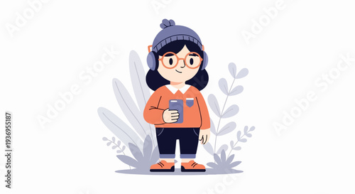 Person wearing headphones and glasses, holding a phone, with plants