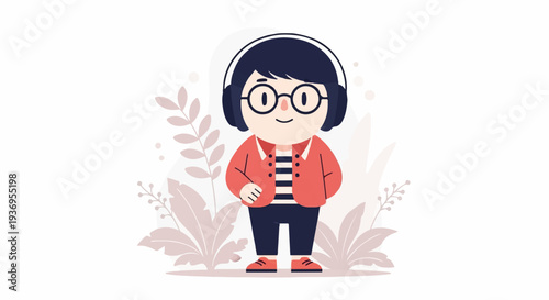 A cheerful, cartoon-style character with headphones and glasses stands amid stylized foliage
