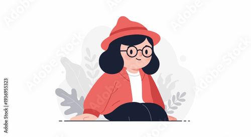 A stylized girl with black hair, glasses, and a red hat sits on a surface, surrounded by abstract leaves