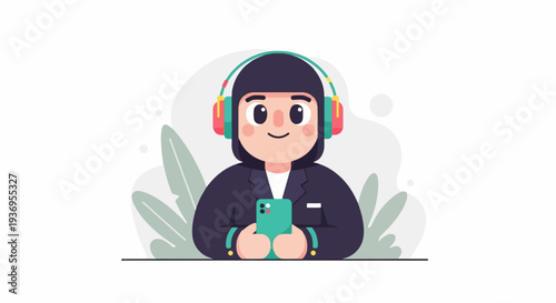 A person with headphones and a phone, surrounded by abstract shapes and leaves