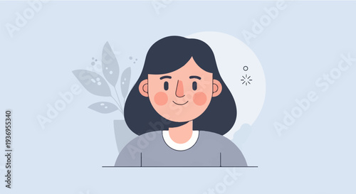 A stylized illustration depicts a smiling young woman with dark hair, rosy cheeks, and a grey top against a soft blue background