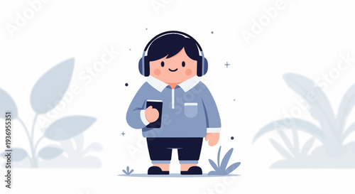 Cute character with headphones and phone in a minimalist nature setting