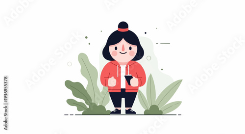 Cute character with black hair, wearing a red hoodie and dark pants, holding a drink